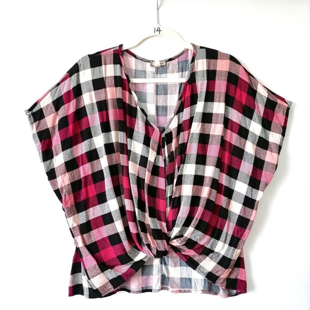 Eyeshadow Womens Multicolor Check Twisted Hem Kimono Blouse Top Size M